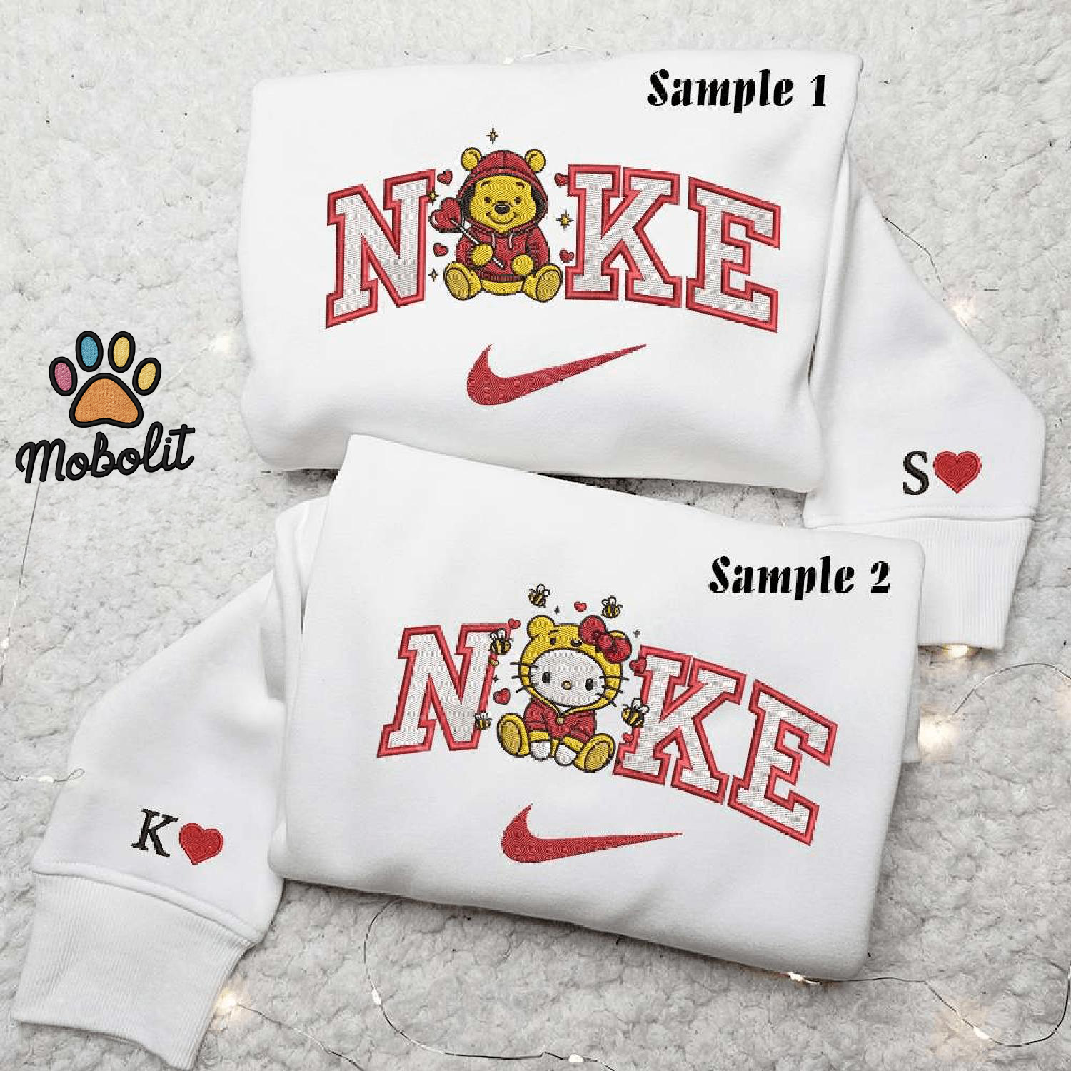 Hello Kitty And Pooh Cartoon Couple Matching Hoodie Tshirt Embroidered Sweatshirt For Fan