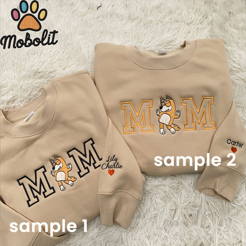 Personalized Gift For Mom Mama Bluey Cartoon Trending Embroidered Sweatshirt Hoodie Tshirt For Fan Mother’s Day Gifts