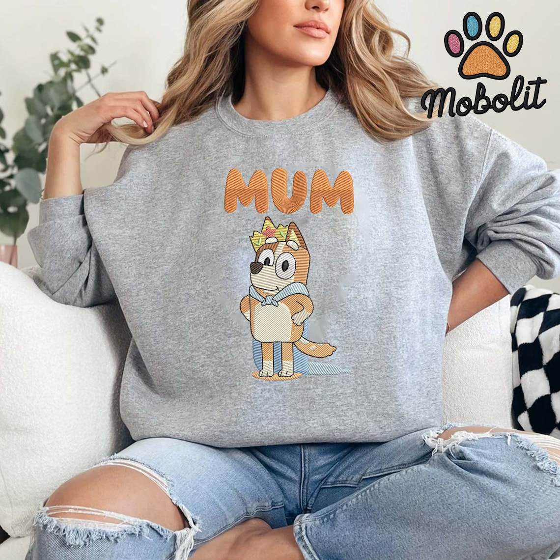 Blue Cartoon Dog Mum, Mother’s Day, Mama  File, Mother Day Gift  Hoodie Tshirt Embroidered Sweatshirt For Fan