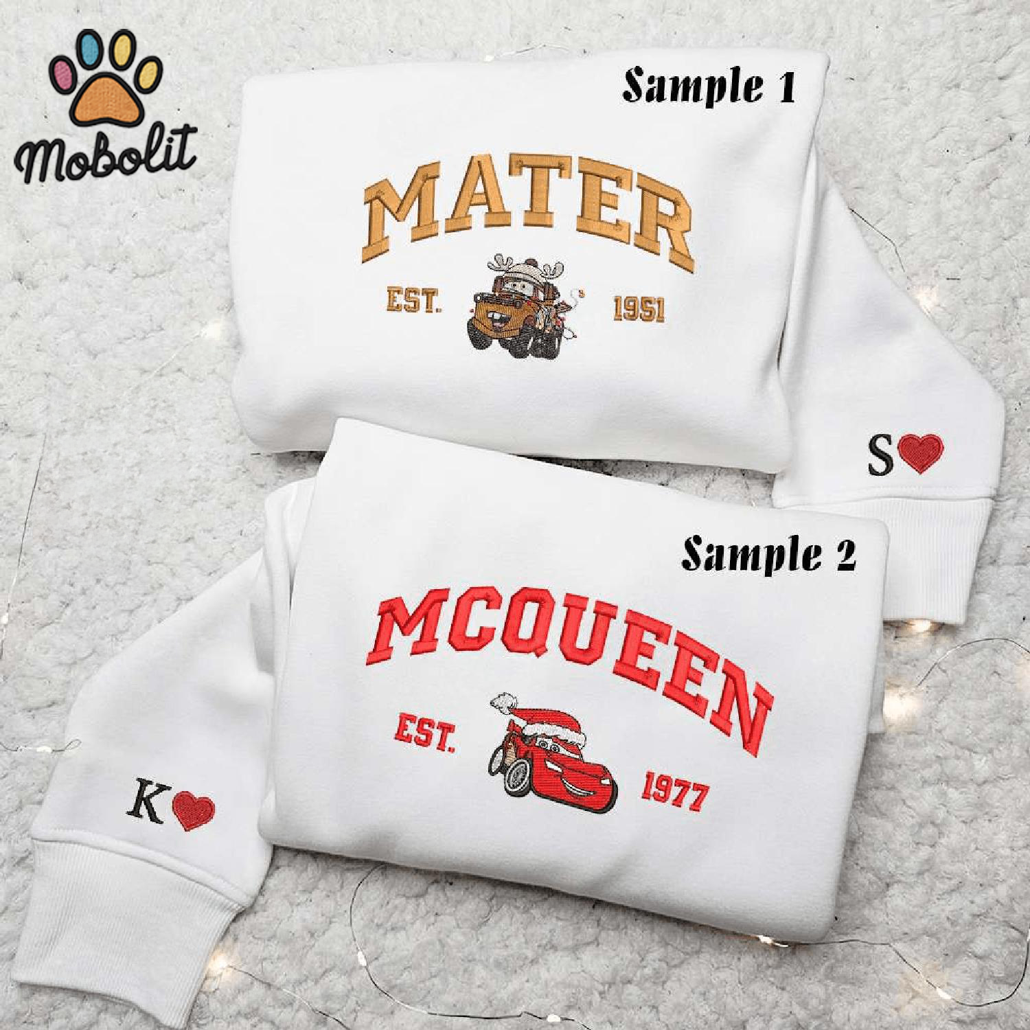 Mater And McQueen Christmas Disney Couple Matching Hoodie Tshirt Embroidered  Sweatshirt For Fan