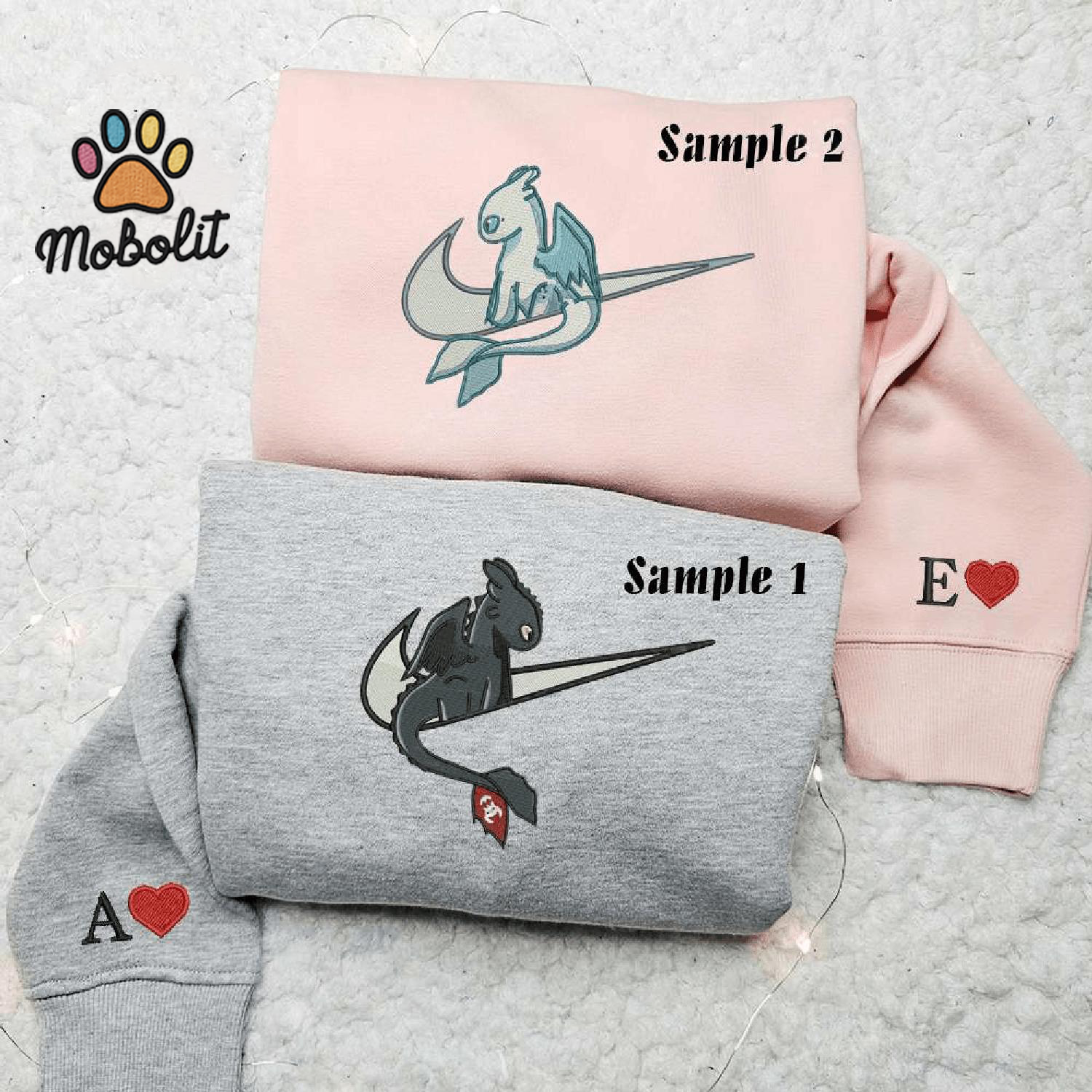 Night Fury And Light Fury Swoosh Couple  Shirt, How To Train Your Dragon Cartoon Couple  Embroidered  Sweatshirt For Fan