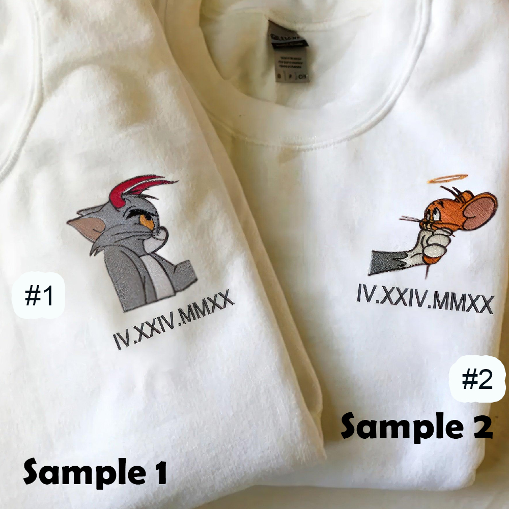 Combo Couple Embroidered Shirt, Couple Cartoon Characters Shirt, Funny Cat and Mouse Couples Embroidery Shirt