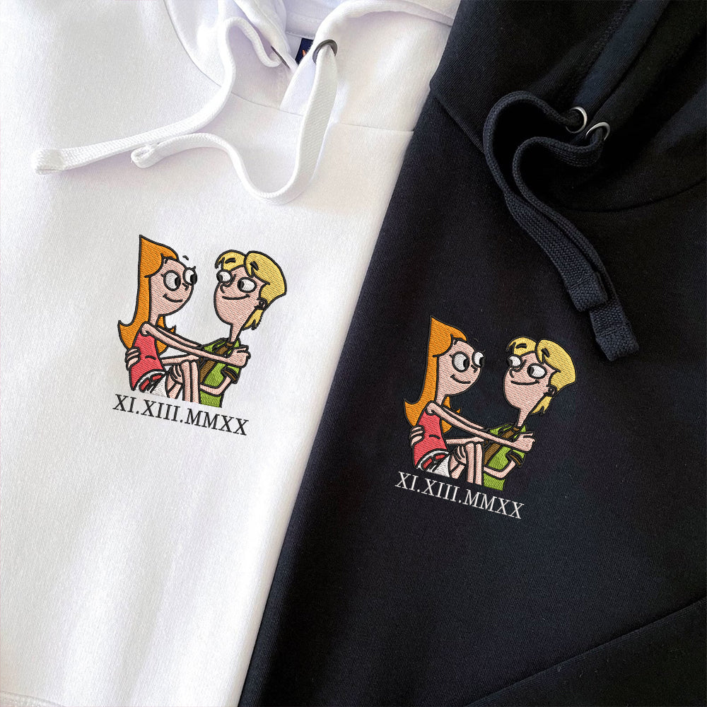 Custom Embroidered Roman Numeral Hoodies For Couples, Candace and Jeremy, Cute Cartoon Couples Embroidered Hoodie