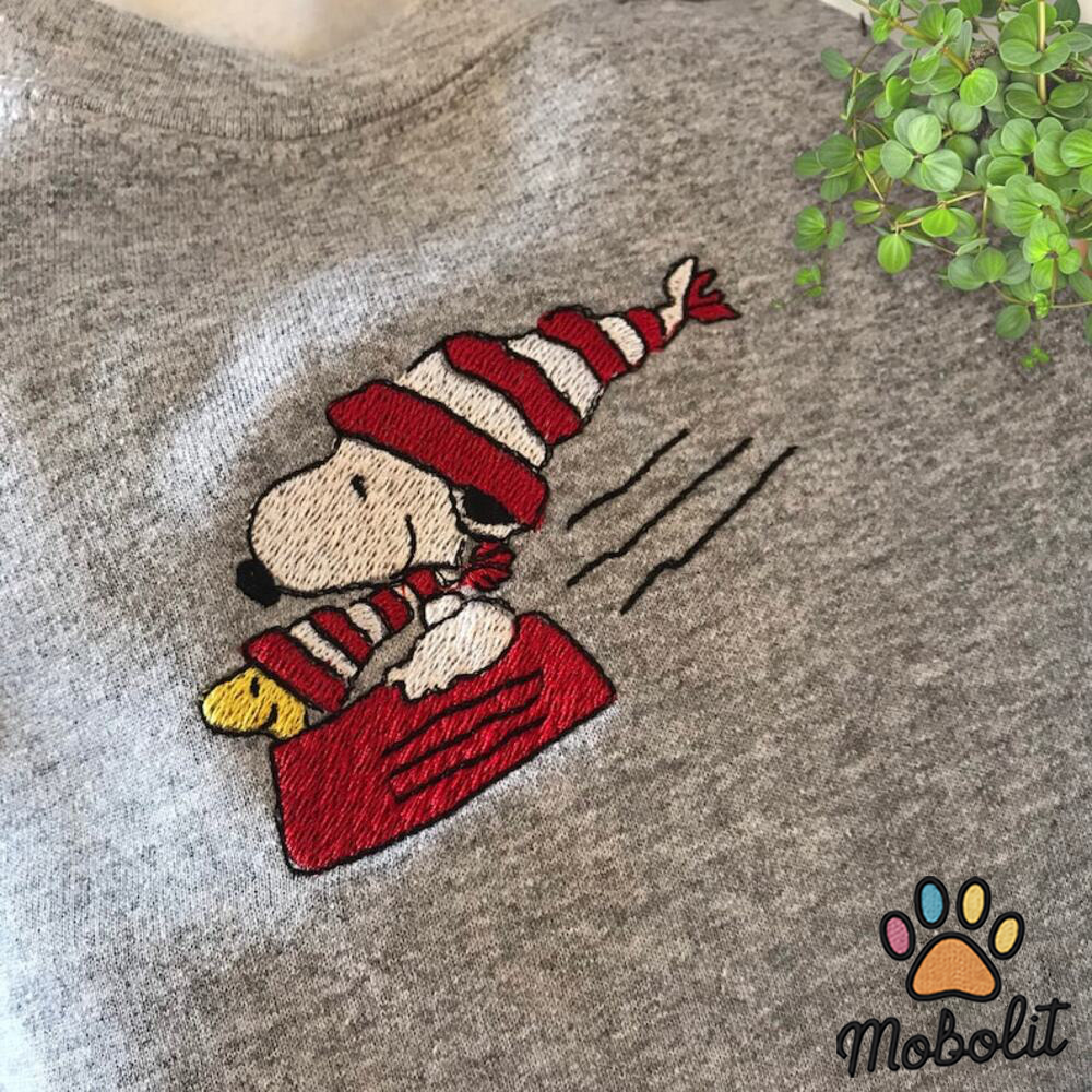 Snoopy and Woodstock Sledding Printed and Embroidered T-shirt Sweatshirt