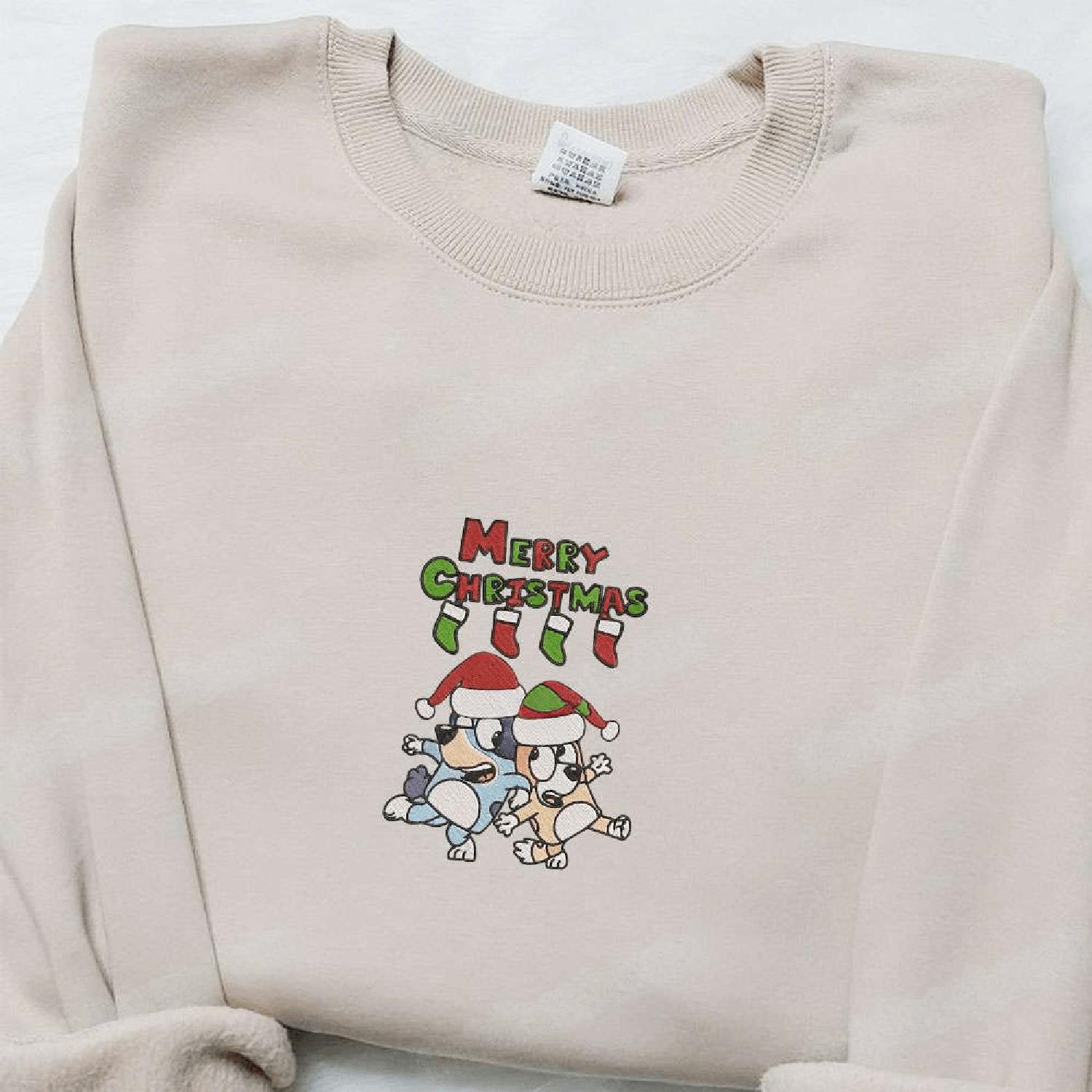 Bluey and Bingo Merry Christmas, Cartoon Hoodie Tshirt Embroidered Sweatshirt For Fan Christmas, Gift Ideas for Family