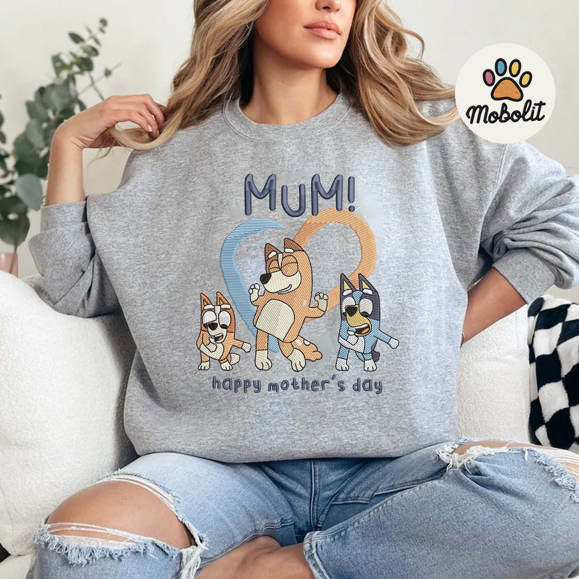 Blue Cartoon Dog Mum, Mother’s Day, Mama  File, Mother Day Gift  Hoodie Tshirt Embroidered Sweatshirt For Fan