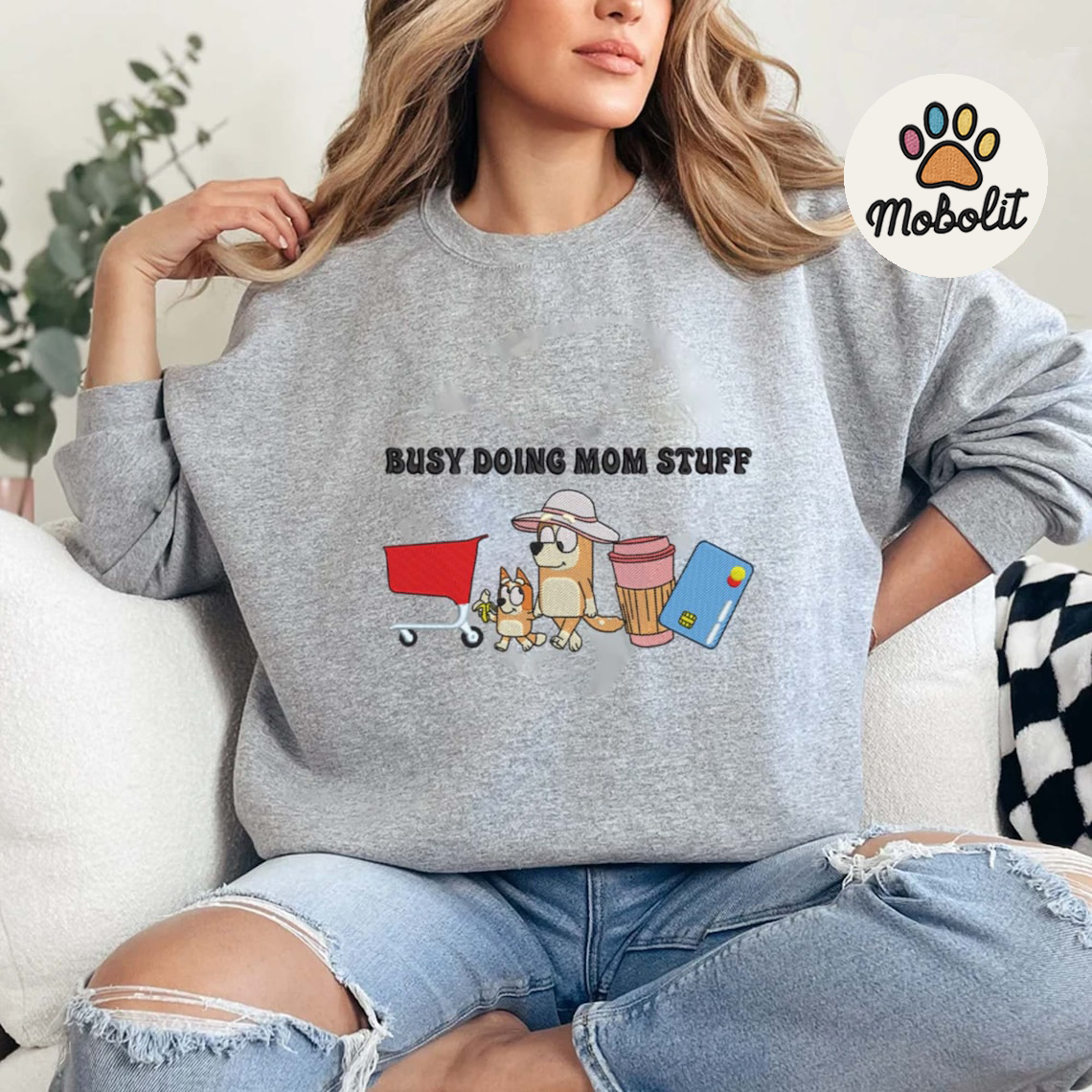 Busy Doing Mom Stuff Shirt, Mother Day , Blue Dog Cartoon Character Mother Day Hoodie Tshirt Embroidered Sweatshirt For Fan