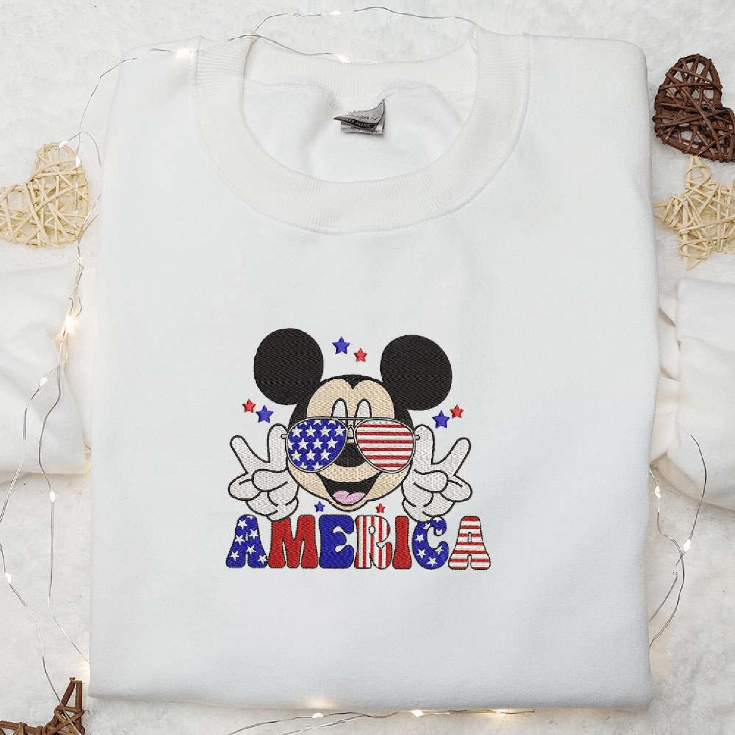 America Mickey Wears Glasses Disney Patriotics Hoodie Tshirt Embroidered Sweatshirt For Fan