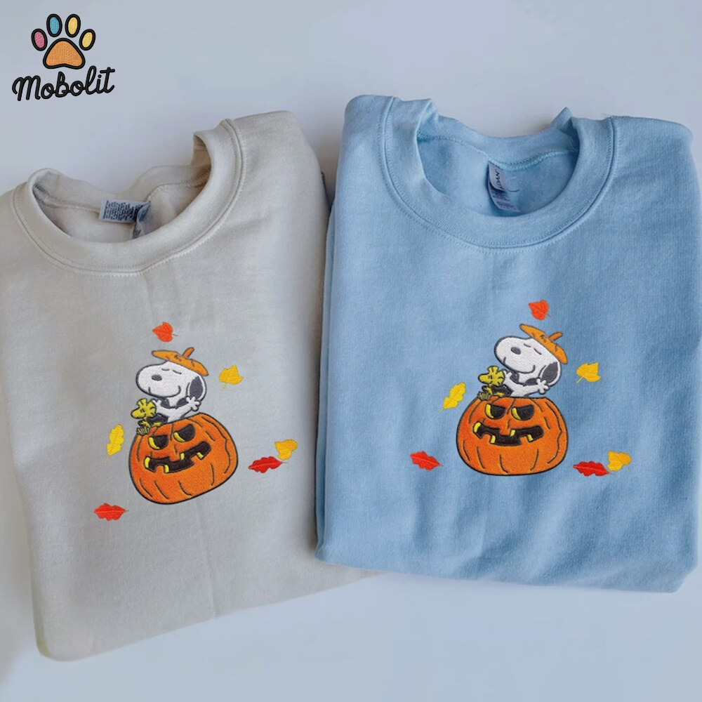 Snoopy Gift For Peanuts Snoopy Lovers Dog Halloween Pumpkin Hug Fall Halloween Gift for her, him Embroidered Shirt