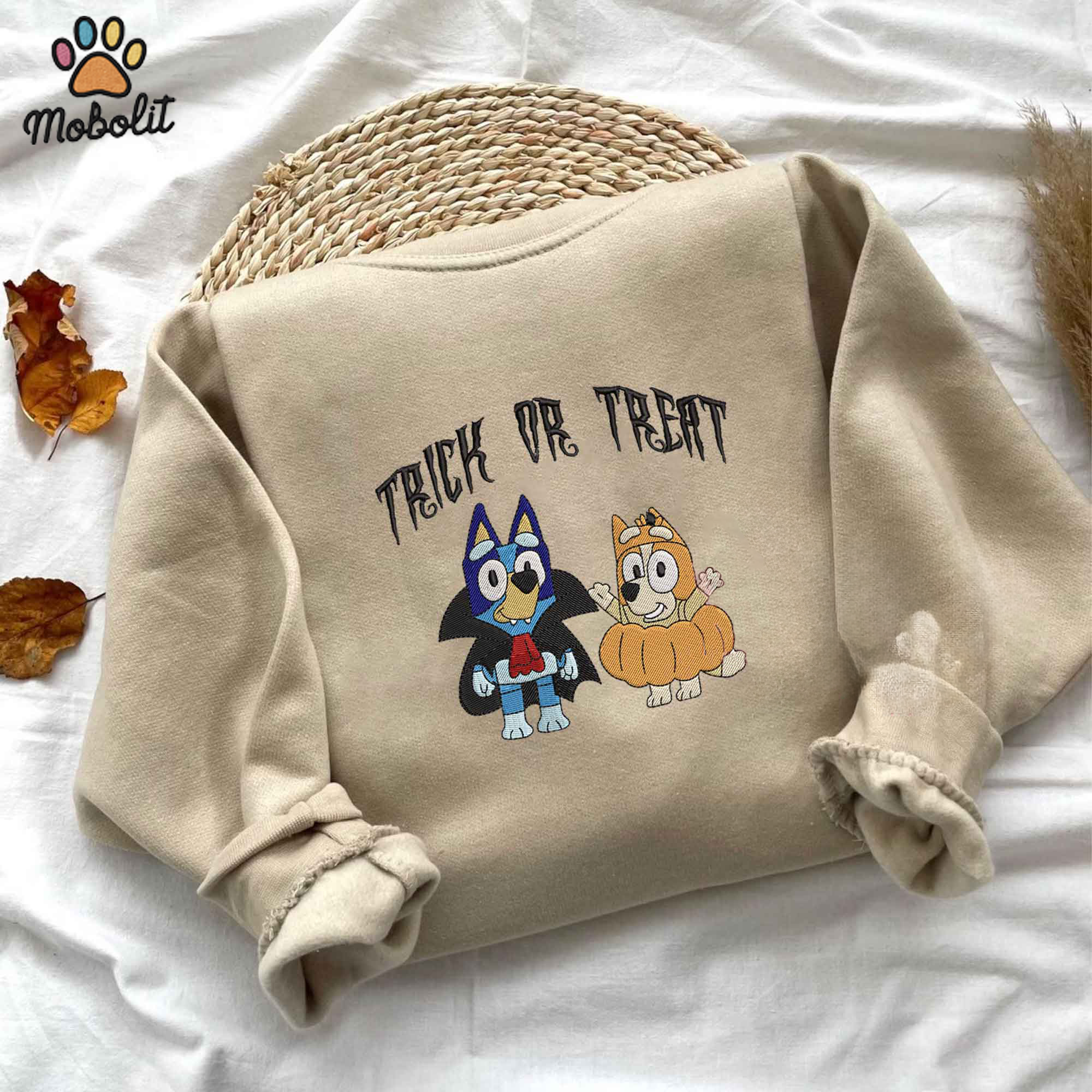 Bluey And Bingo Trick Or Treat Halloween Embroidered Unisex Crewneck Tshirt/Hoodie/Sweatshirt, Birthday Gift, Gift for Him Her