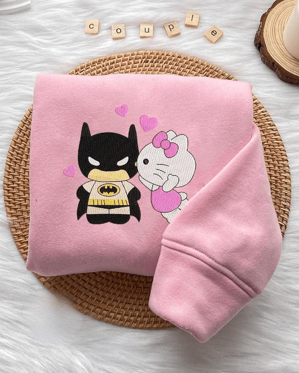 Batman and Hello Kitty Sweatshirt, Hello Kitty Hoodie, Hello Kitty Embroidered Shirt Gift for her Sweatshirt, Couple Matching Shirt