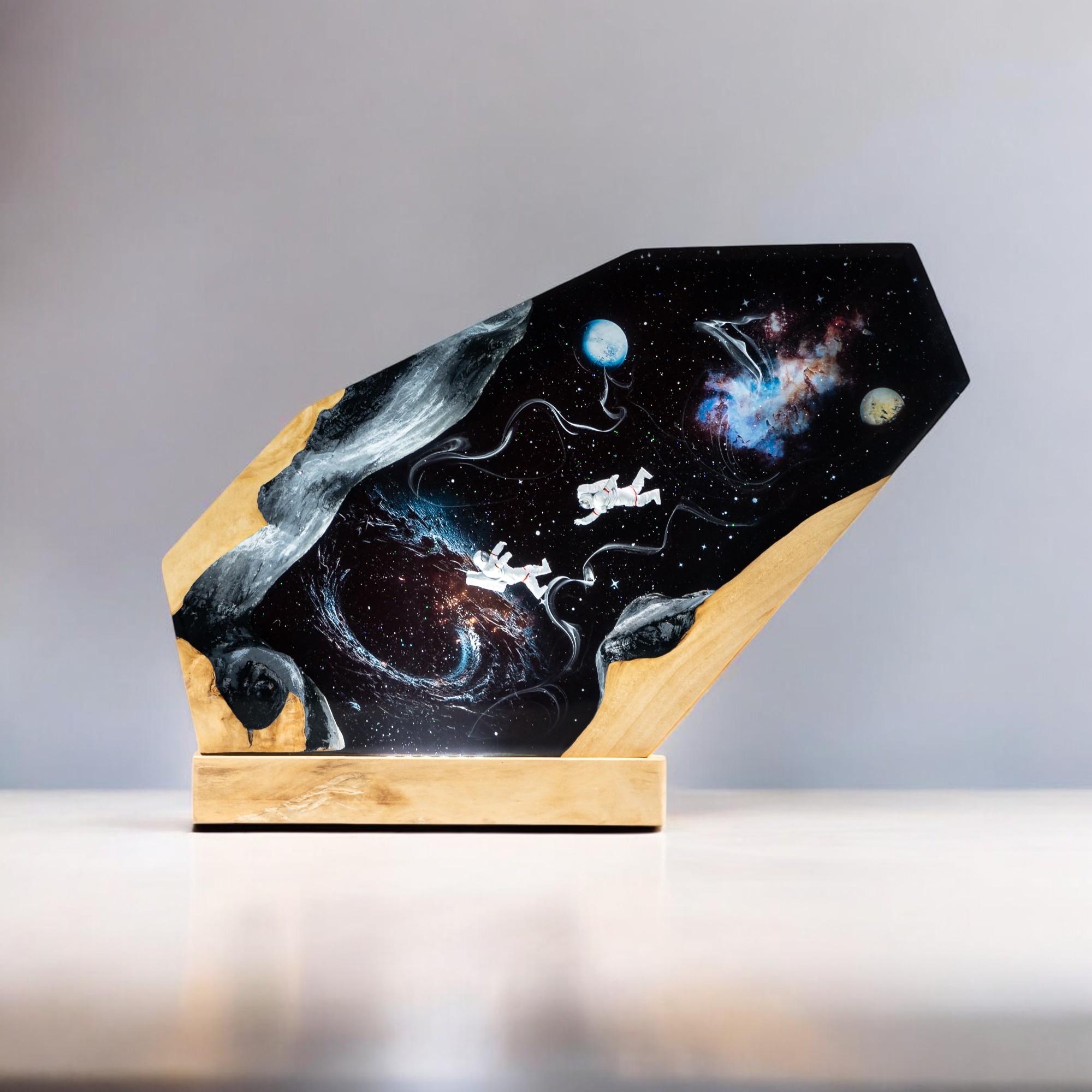 Handmade Space-Themed Epoxy Resin Lamp | Astronauts Floating in the Galaxy LED Night Light