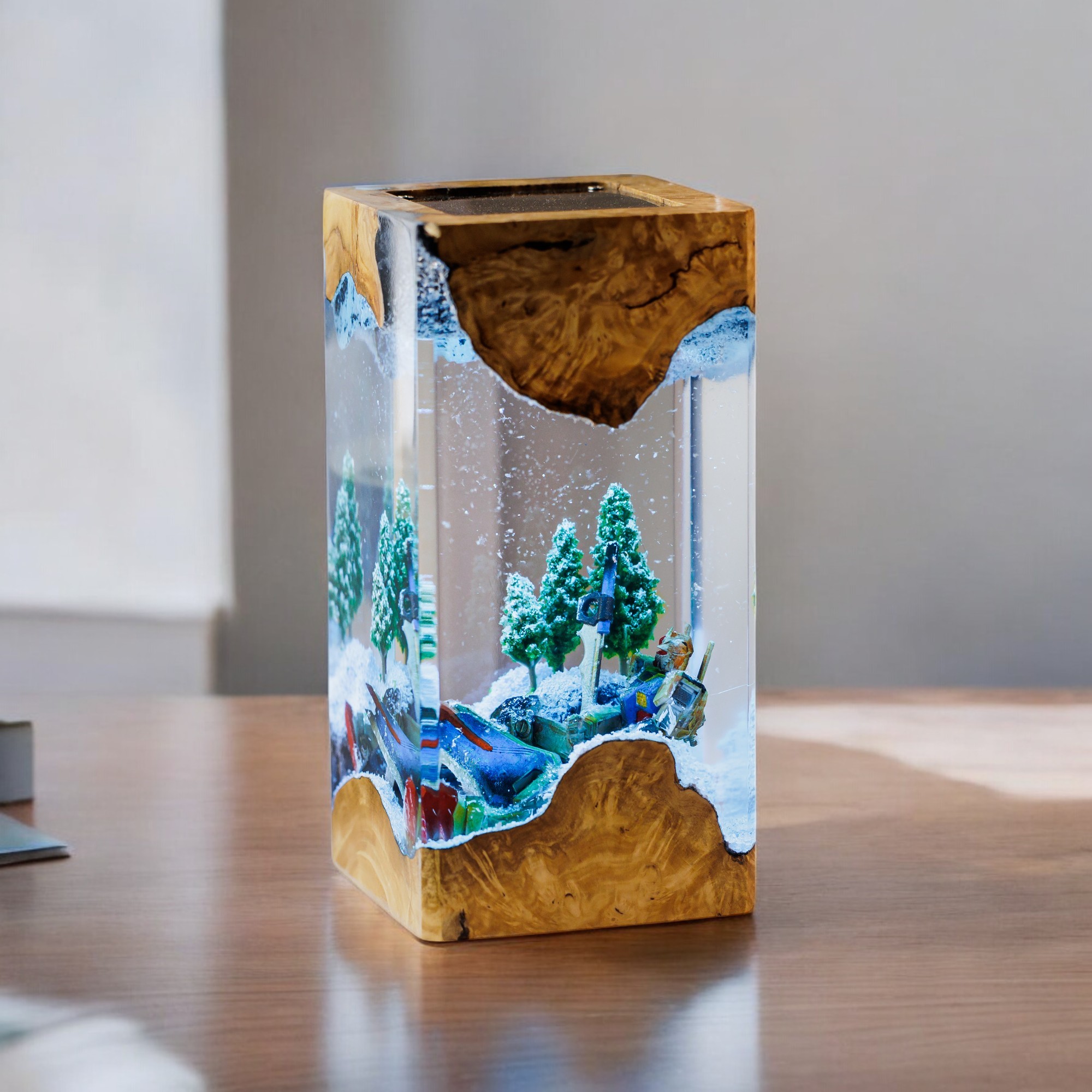 Snowfall Mecha Epoxy Resin Lamp | Handmade Sci-Fi Winter Diorama