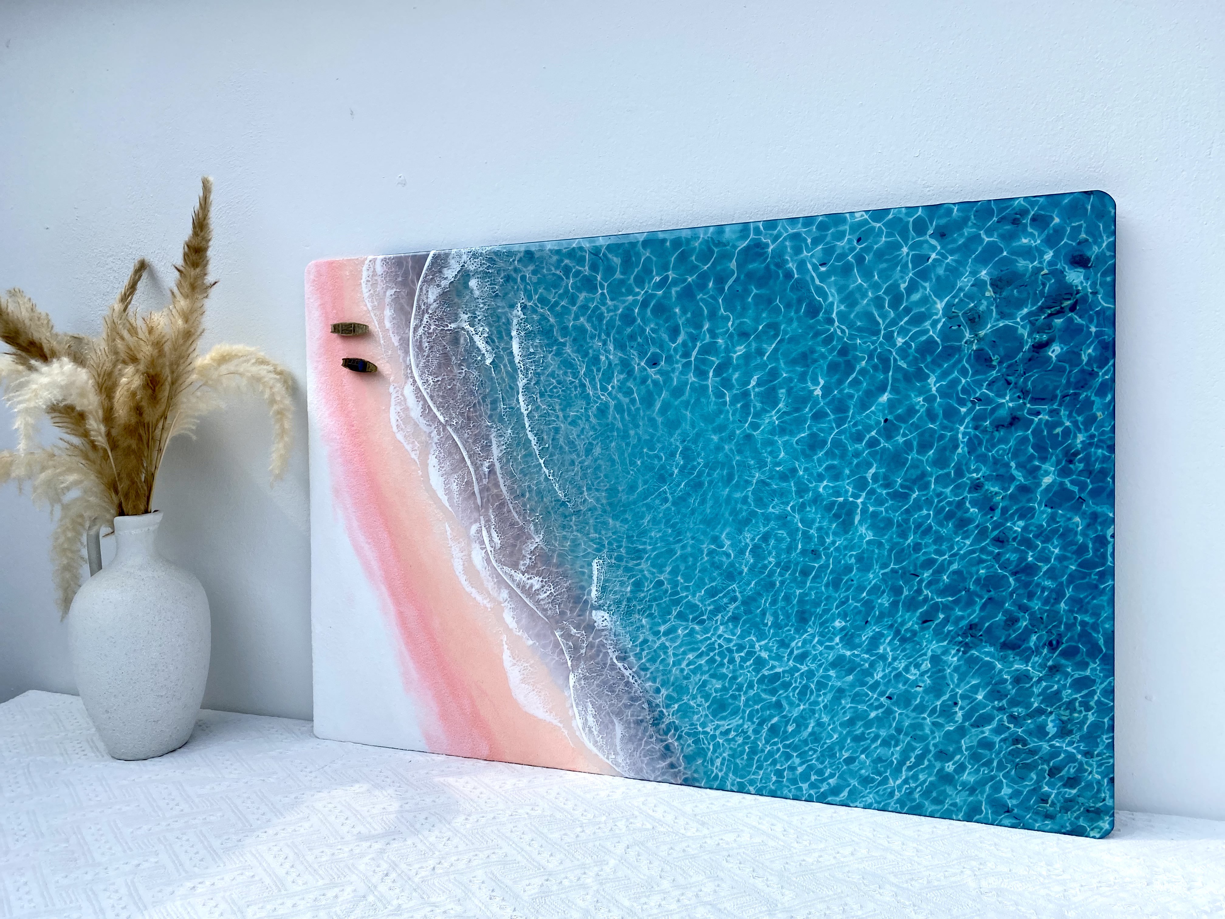 Handmade 3D Epoxy Resin Beach Art | Pink Sand Shore & Crystal Blue Waves