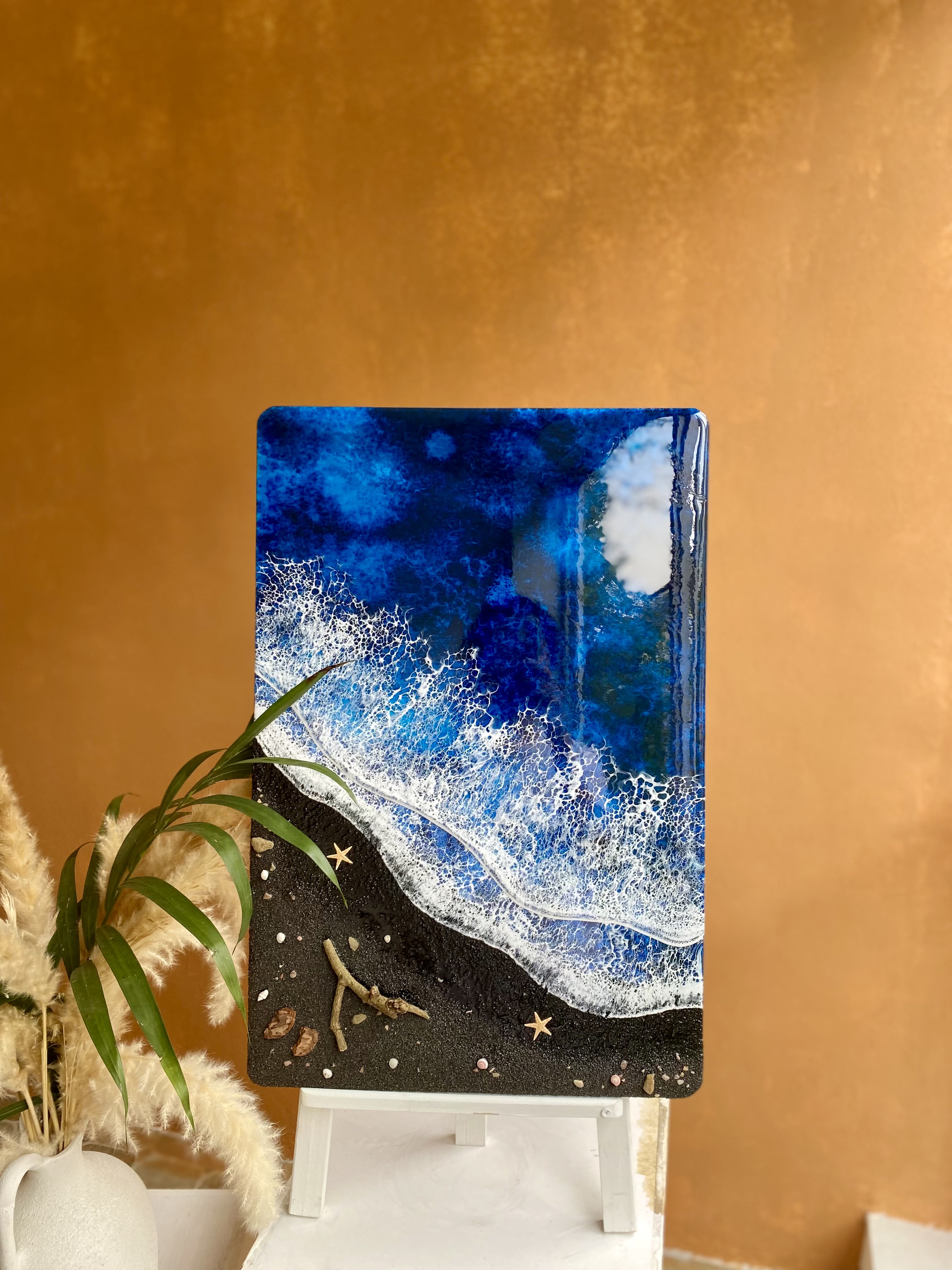 3D Epoxy Resin Ocean Art – Deep Blue Waves on a Black Sand Beach