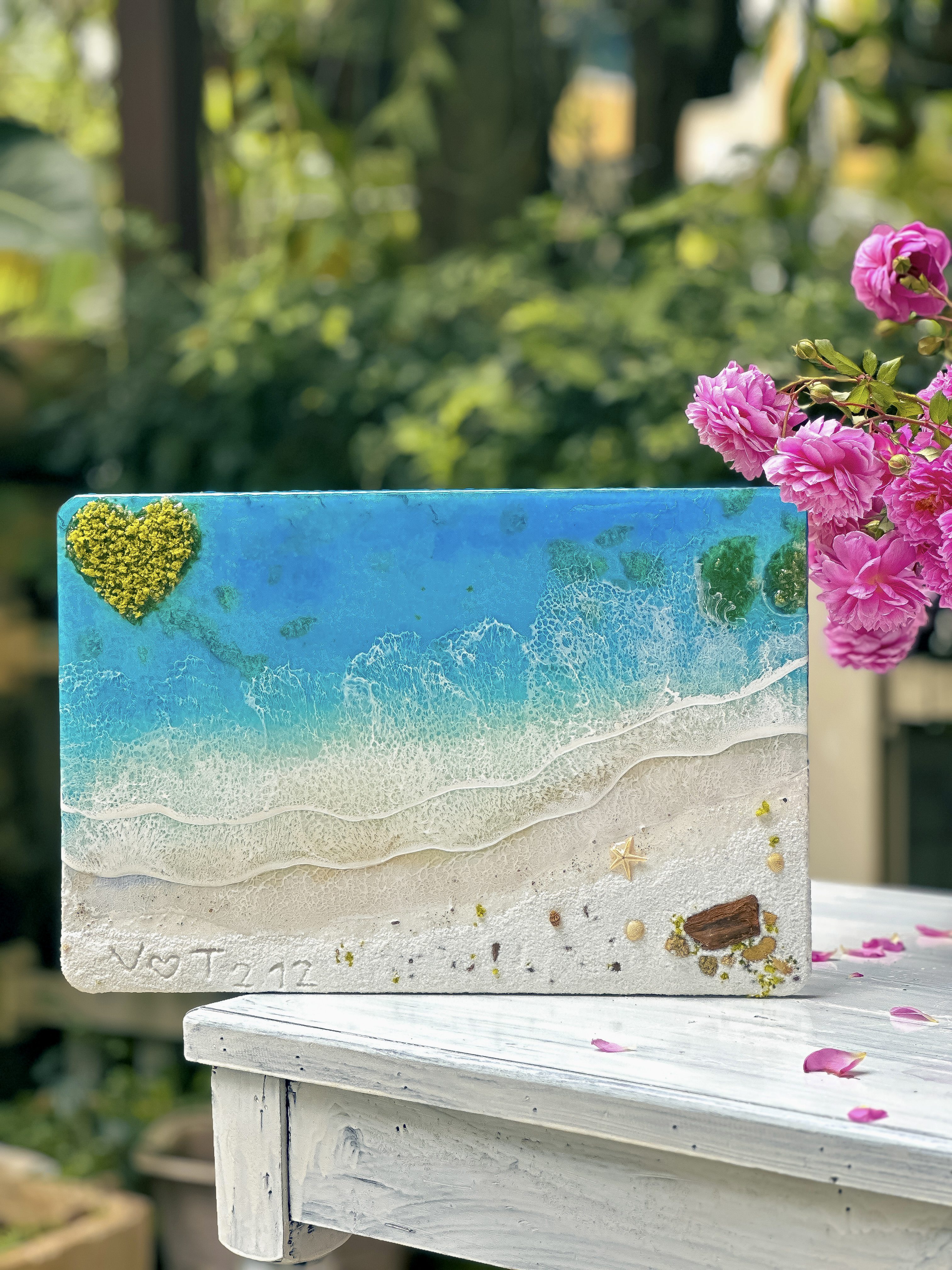 Handcrafted Custom Name 3D Resin Ocean Art – Coastal Beach Vibes with Heart Island”