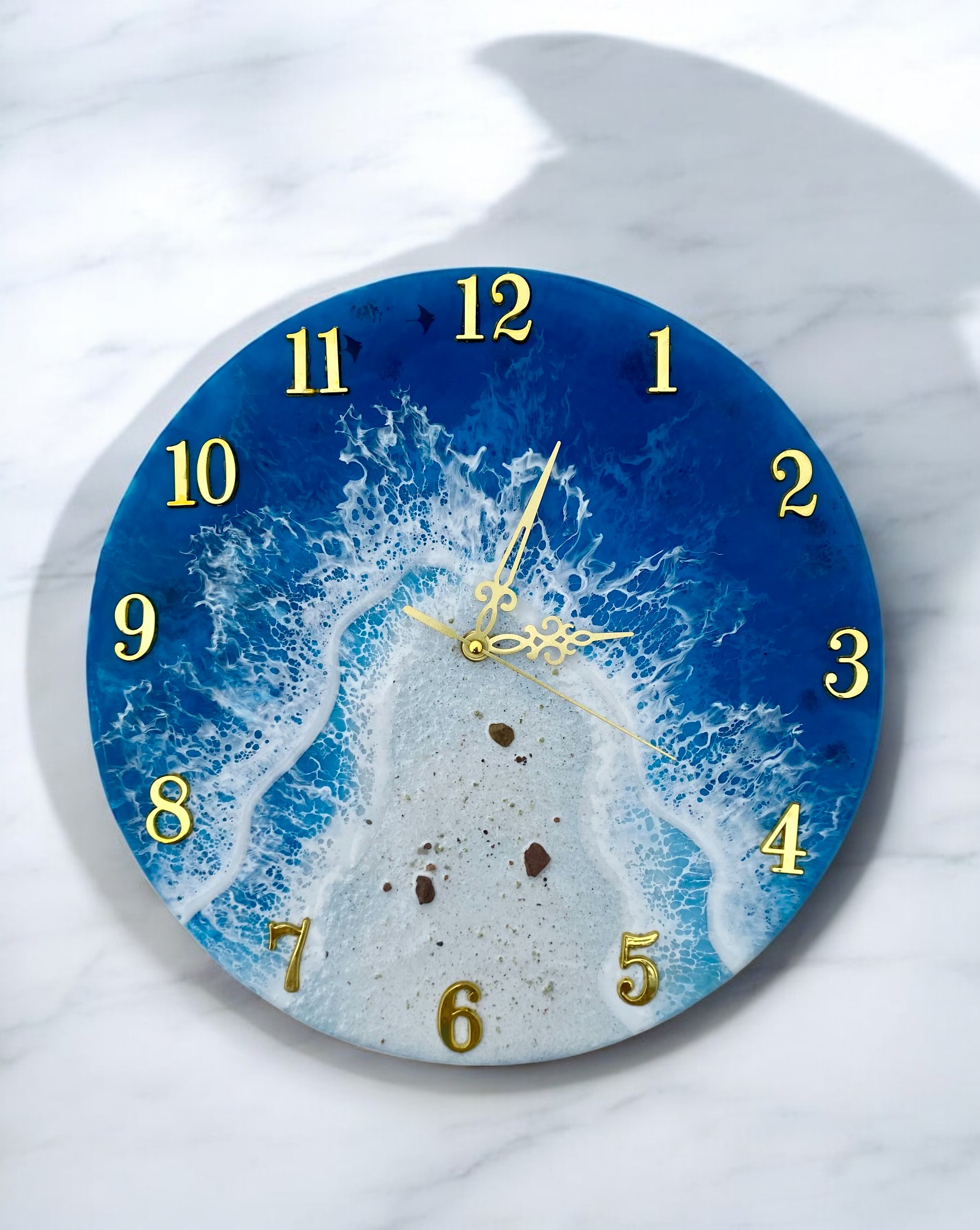 Handmade Ocean Resin Round Deep Blue Clock – Beach Wave Epoxy Art Décor