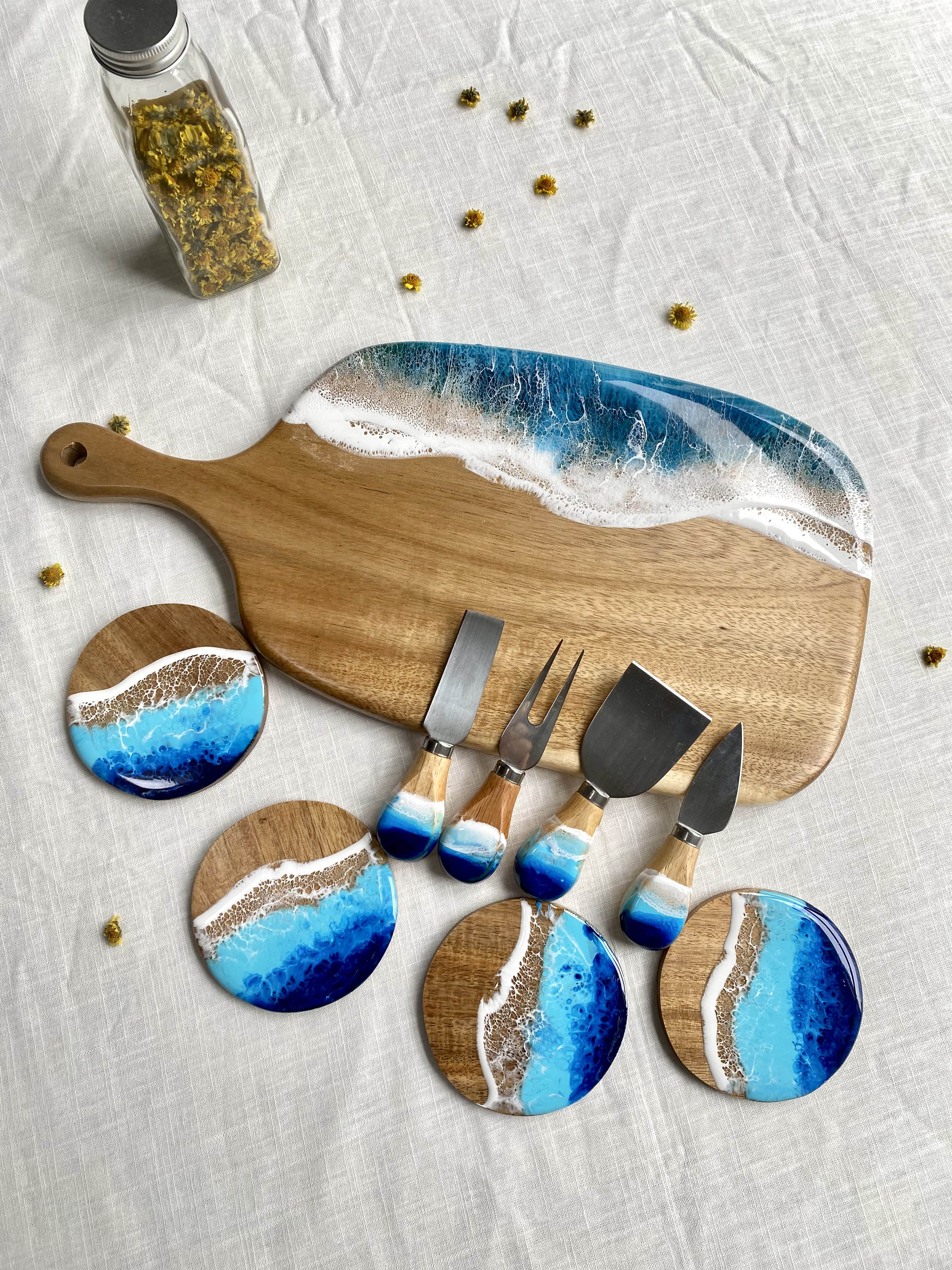 Ocean Resin Cheese Board & Coaster Set | Handmade Charcuterie Serving Kit