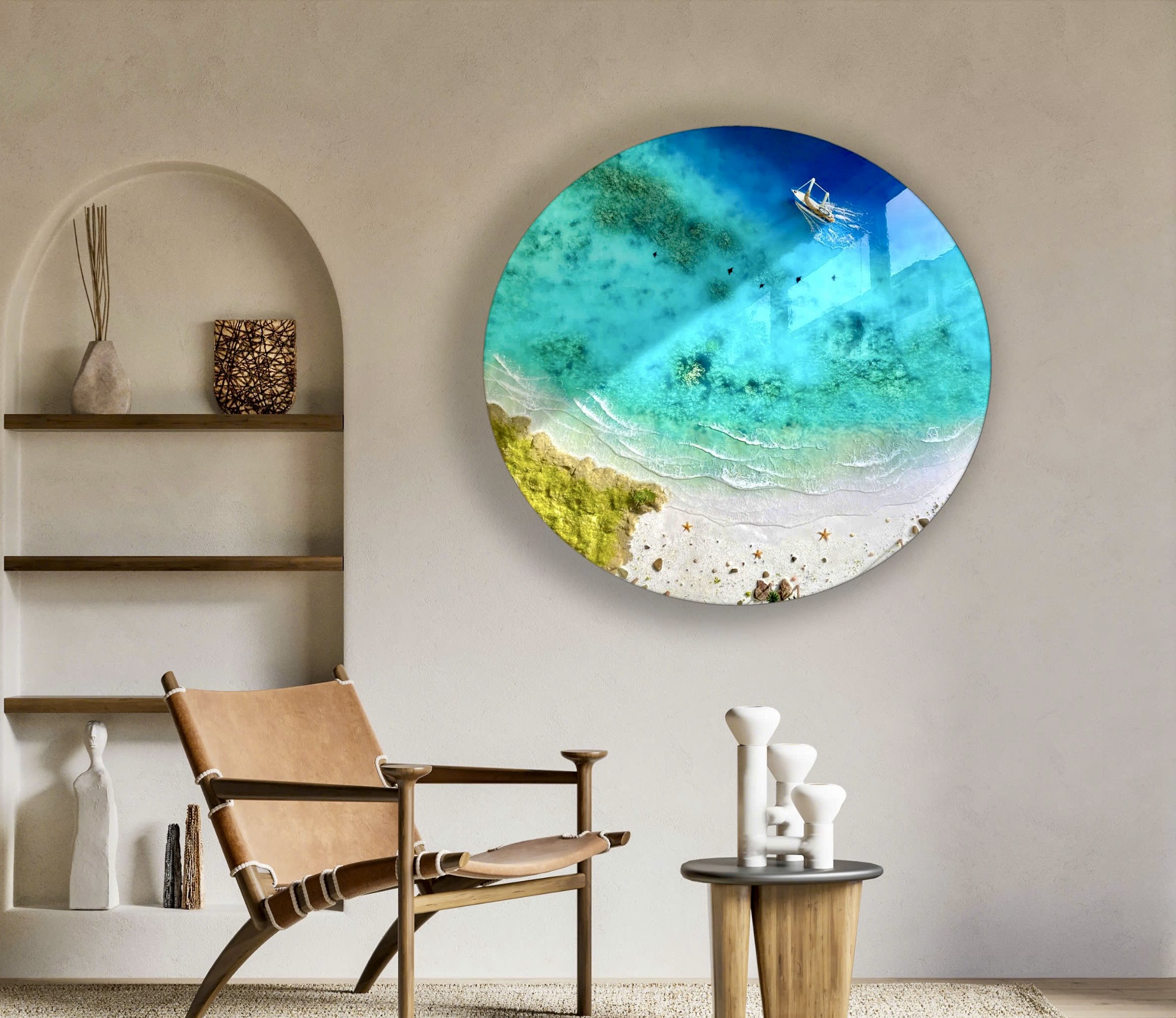 OceanEpoxy Round Ocean Resin Wall Art | 3D Beach Epoxy Decor with Boat & Waves