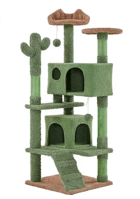 Topeakmart Cactus Tree Condo with Perch and Platform for Cats and Kittens, 54.5″ H, Green/Brown