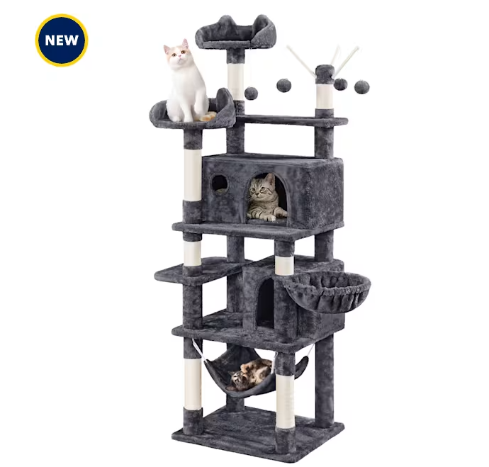 Topeakmart Multi Level Cat Tree Tower with Condos and Teaser Sticks, 67″ H, Dark Gray