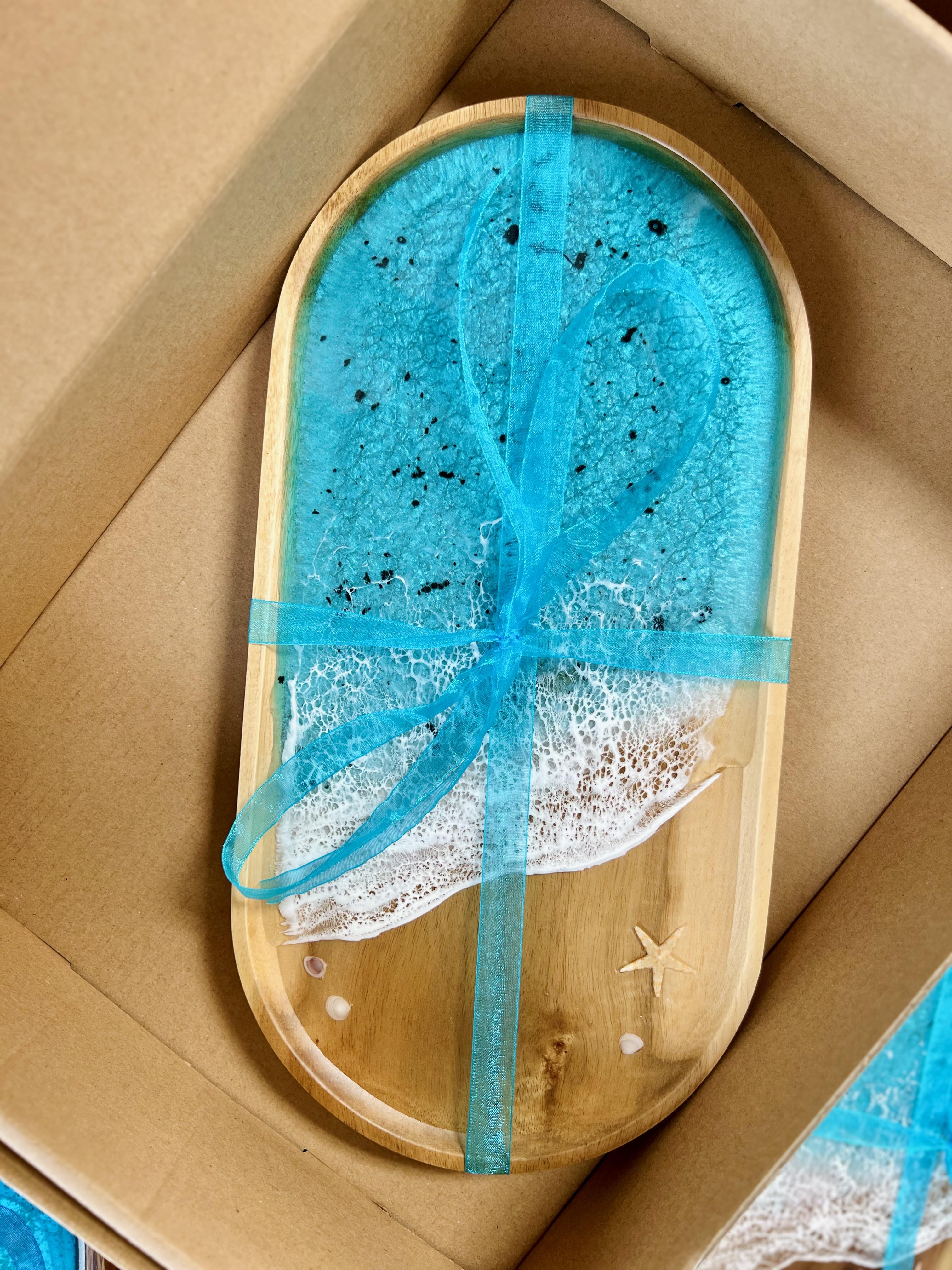 Handmade Ocean Resin Serving Tray – Wooden Coastal Beach Decor with Epoxy Art