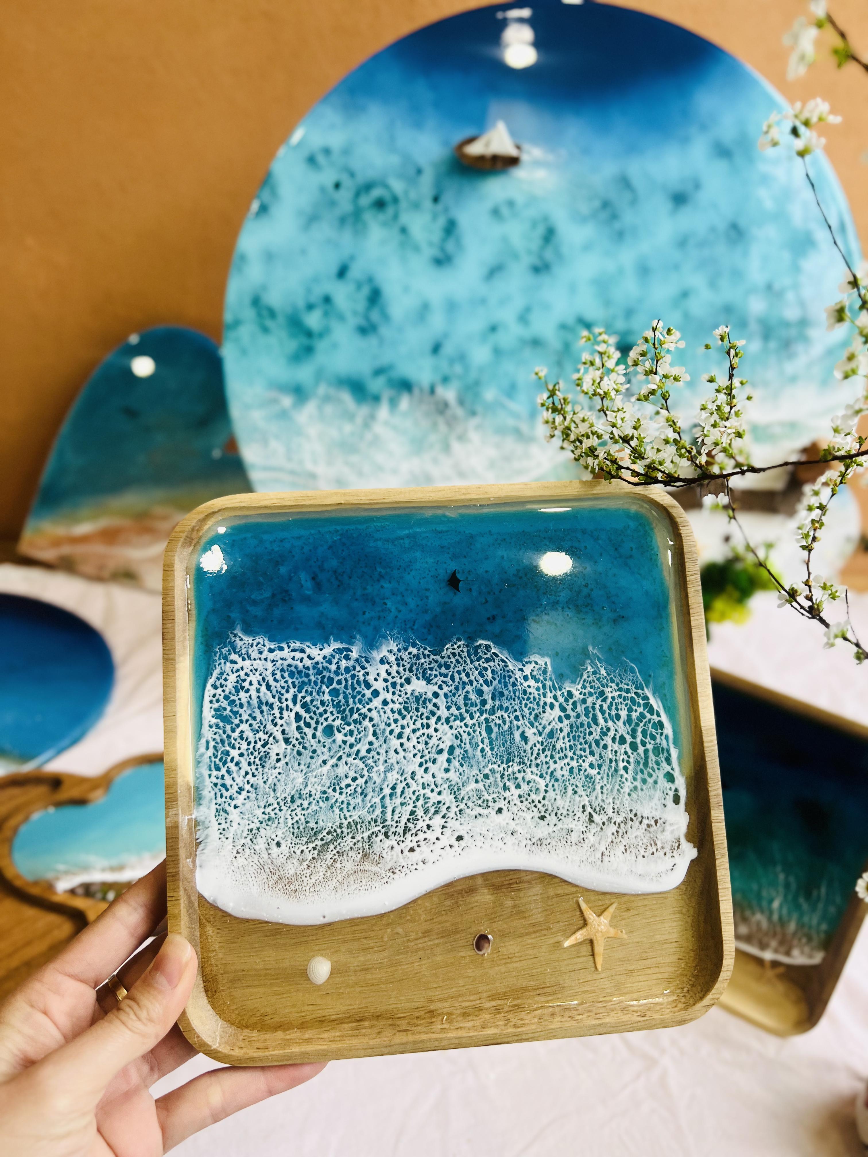 Ocean Resin Square Serving Tray – Handmade Beach Wave Wooden Décor