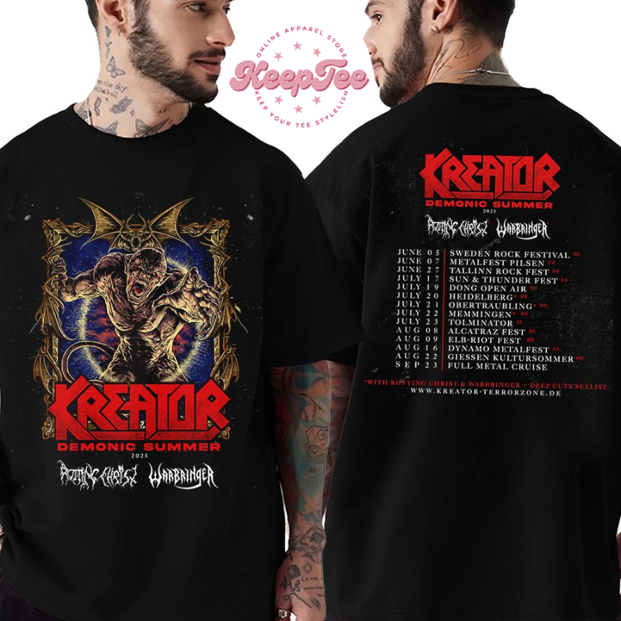 New Kreator Demonic Summer 2025 With Rotting Christ And Warbringer Schedule List Date In Europe 2025 Two Sides Print T-Shirt