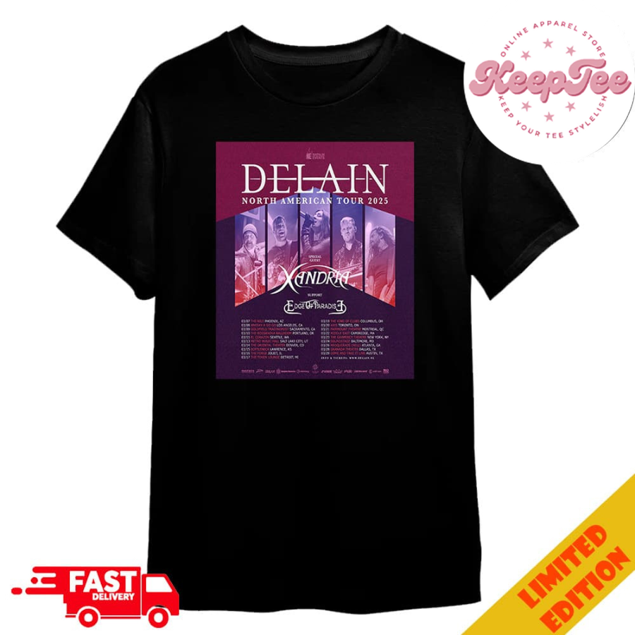 Delain North American Tour 2025 With Xandria And Edge Of Paradise Tour Dates Merchandise T-Shirt