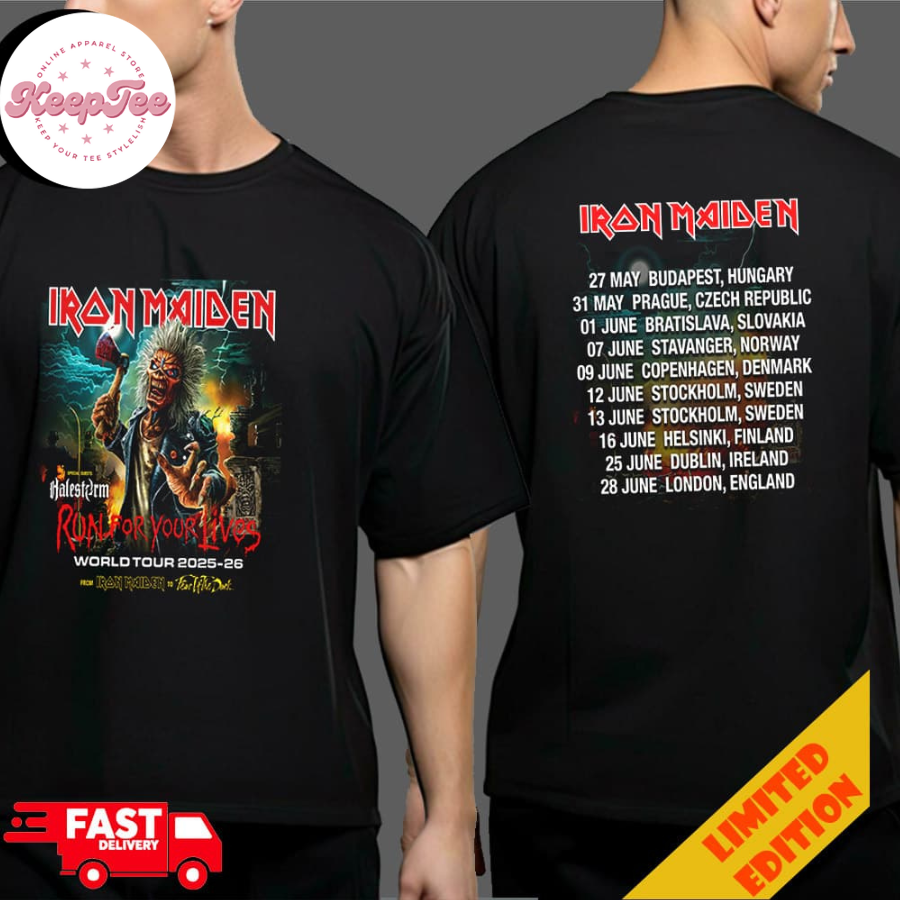 Iron Maiden Run For Your Lives World Tour 2025-2026 From Iron Maiden To Fear Of The Dark Tour Dates Two Sides T-Shirt Merchandise