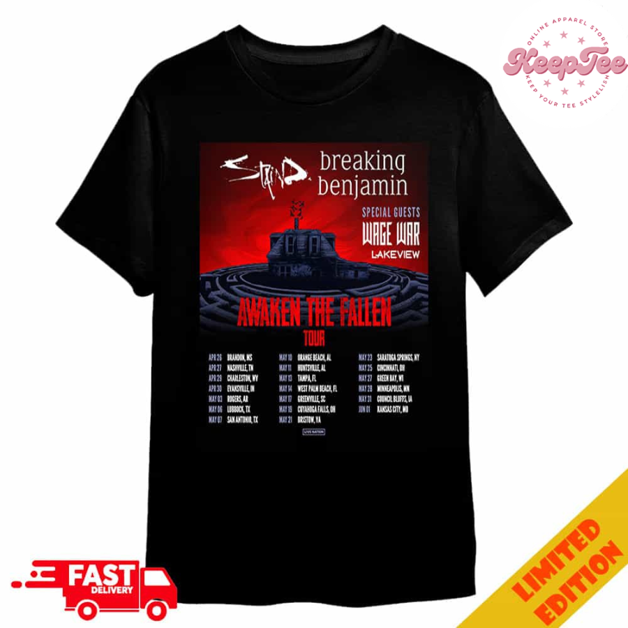Staind X Breaking Benjamin X Wage War X Lakeview Awaken The Fallen Poster Tour Dates 2025 Merchandise T-Shirt