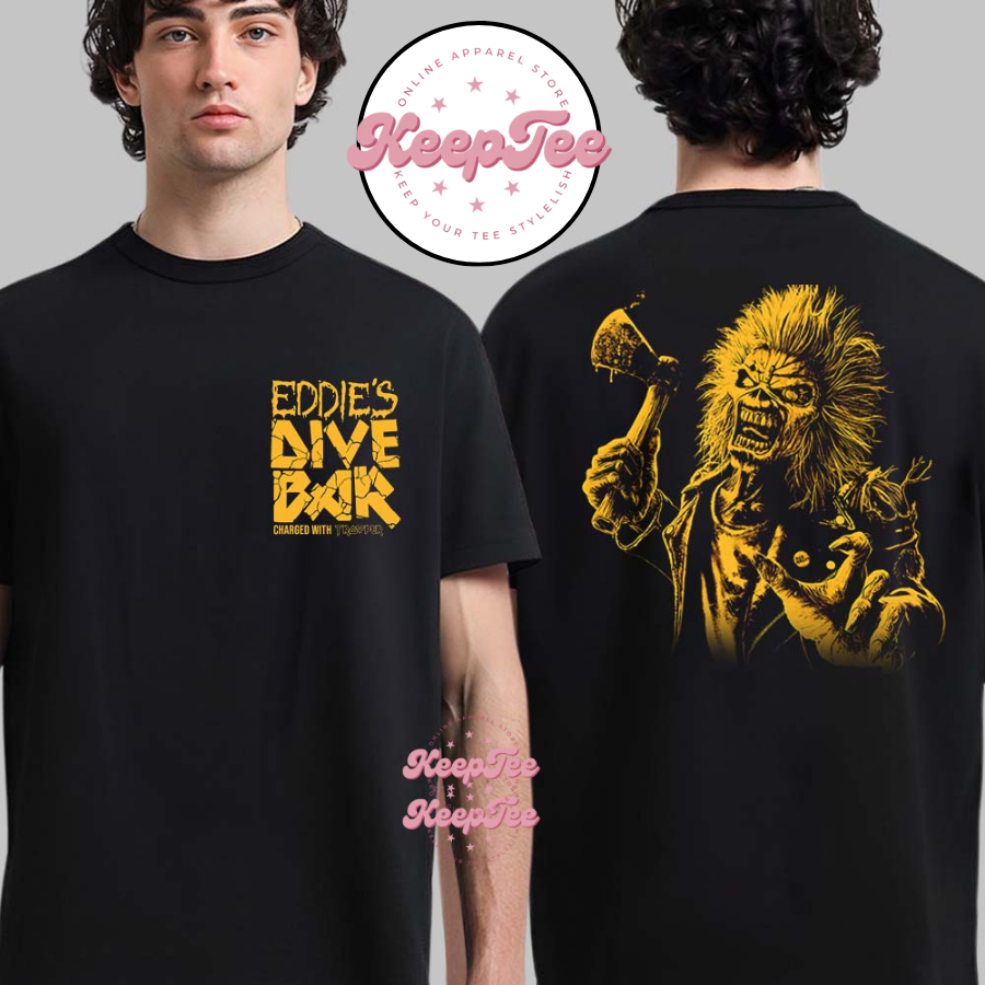 Iron Maiden EddieS Dive Bar Charged With Trooper On The Road For 2025 Merch Two Sided Essentials Shirt