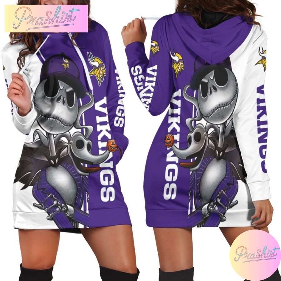 Nfl Minnesota Vikings Hoodie Dress Jack Skellington And Zero All Over Print Hoodie For Women Sport Fans 