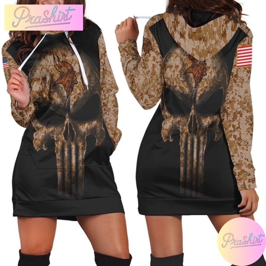 Nfl Minnesota Vikings Hoodie Dress American Flag Camouflage Skull