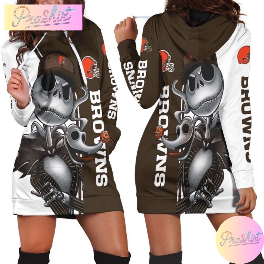 Nfl Cleveland Browns Hoodie Dress Jack Skellington And Zero All Over Print Hoodie For Women Sport Fans 