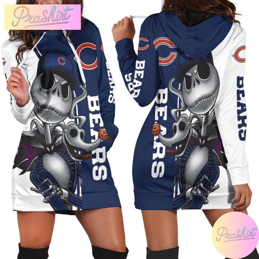 Nfl Chicago Bears Hoodie Dress Jack Skellington And Zero All Over Print Hoodie For Women Sport Fans 